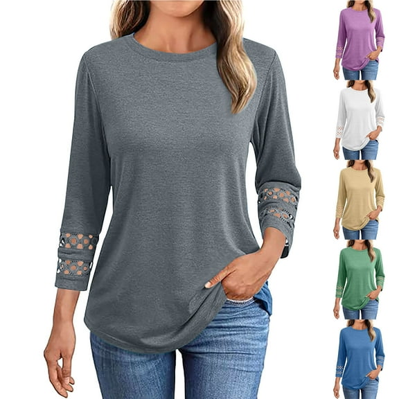 YHAJDS Womens 3/4 Sleeves Tops Color Crew Neck Spring Summer Loose Casual T Shirt