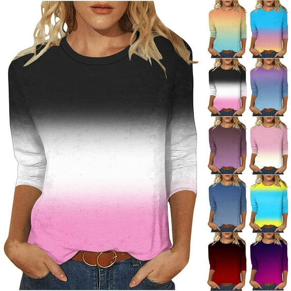 YHAJDS Womens 3/4 Sleeves Tops Gradient Crew Neck Wear Pullover Tee Spring Summer