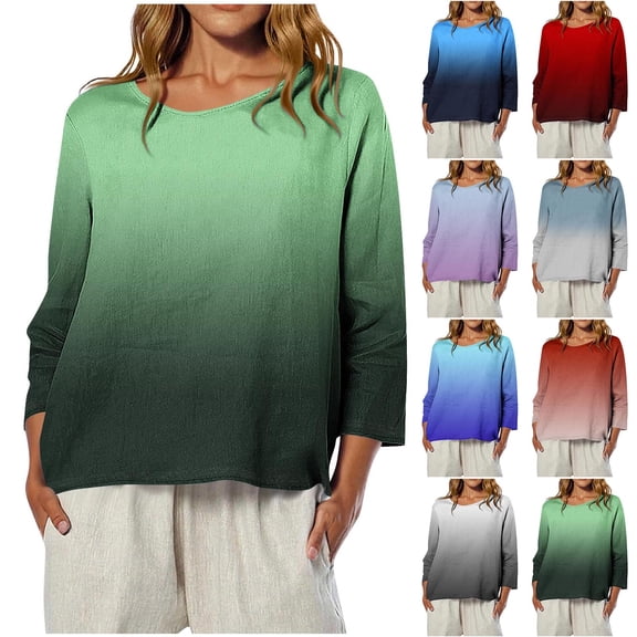 YHAJDS Womens 3/4 Sleeves Tops Gradient Print Round Neck Loose Curved Hem T Shirt Spring Summer