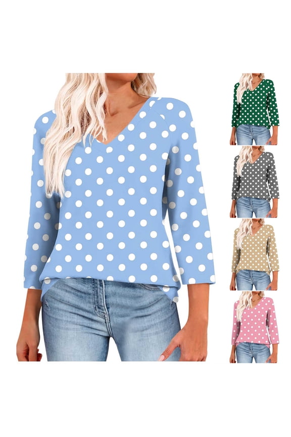 Womens 3/4 Sleeves Tops Print V Neck Raglan Sleeve Spacious Spring Summer Leisure Tees