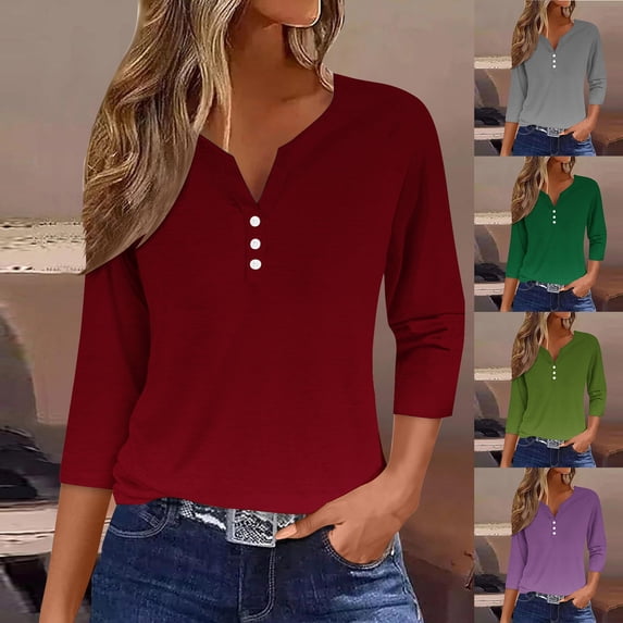 YHAJDS Womens 3/4 Sleeves Tops Solid Color Button V Neck Casual Blouse Spring Summer Daily Wear