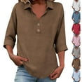 thumbnail image 1 of YHAJDS Womens 3/4 Sleeves Tops Solid Color Casual Loose Lapel Linen V Neck T Shirt Spring Summer Tee, 1 of 5