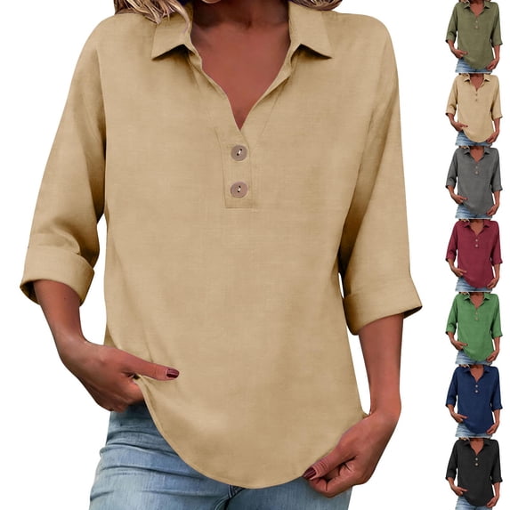 YHAJDS Womens 3/4 Sleeves Tops Solid Color Casual Loose Lapel Linen V Neck T Shirt Spring Summer Tunic