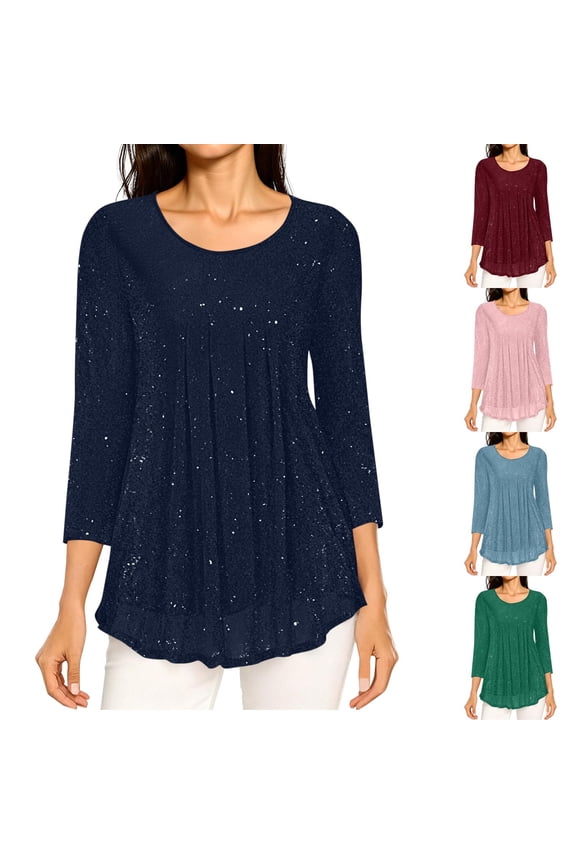 Womens 3/4 Sleeves Tops Solid Color Crew Neck Ruffled Double Layer Shiny Loose Casual Spring Summer T Shirt