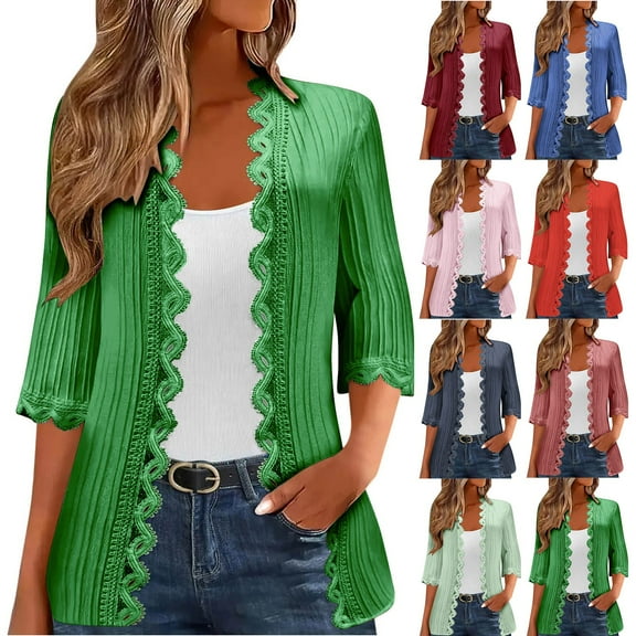 YHAJDS Womens 3/4 Sleeves Tops Solid Color Lace Loose Spring Summer Cardigan Blouse