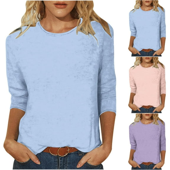 YHAJDS Womens 3/4 Sleeves Tops Solid Color Round Neck Loose T Shirt Spring Summer Casual Wear