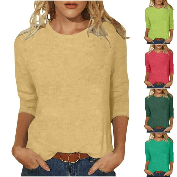 YHAJDS Womens 3/4 Sleeves Tops Solid Color Round Neck Loose Tee Casual Spring Blouse