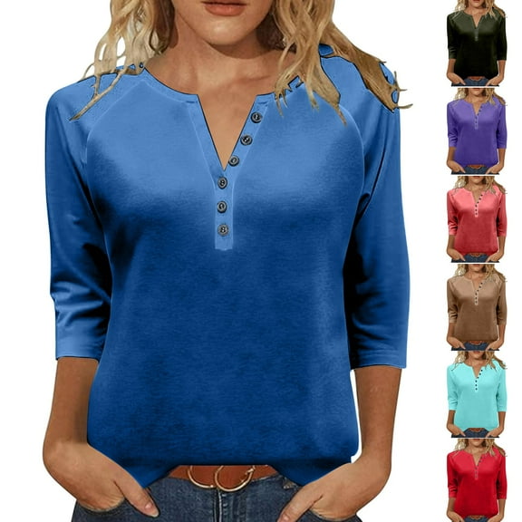 YHAJDS Womens 3/4 Sleeves Tops Spring Summer Button V Neck Raglan Sleeve Casual Breathable T Shirt Blouse