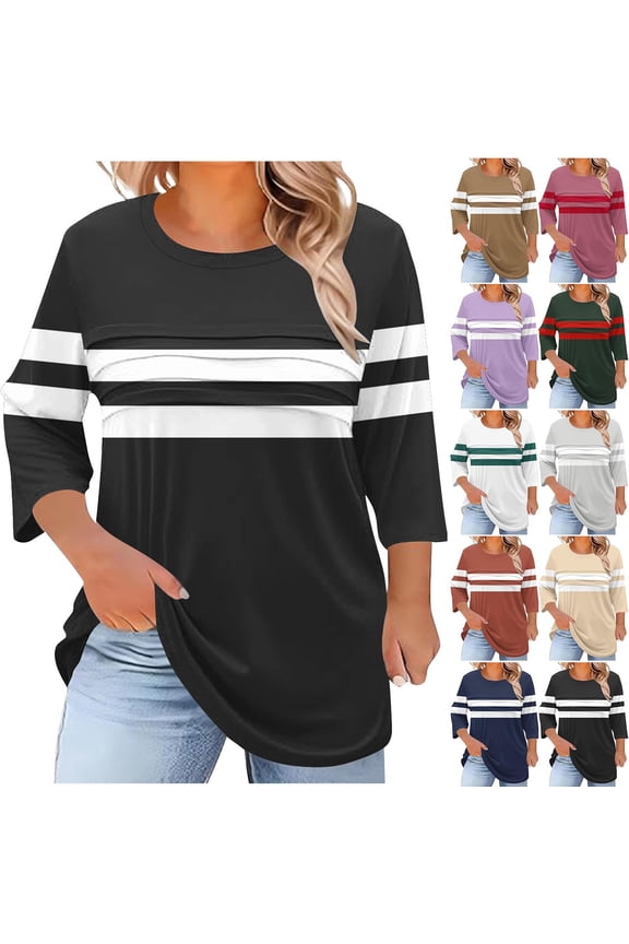 Womens 3/4 Sleeves Tops Summer Crew Neck Ruffled Waist Cinched Oversized Work Blouse