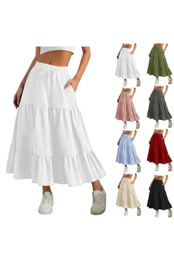 Womens Ankle Skirt Solid Color Elastic Waist Drawstring Pleated A Line Long Skirt