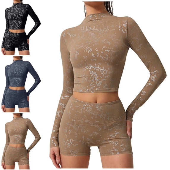 YHAJDS Womens Athletic Long Sleeve T Shirts Fall Basic Tops Foil Print Tight High Stretch Yoga Workout Running Top