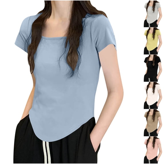 YHAJDS Womens Basic Tops Short Sleeve T-shirt Round Neck Low Cut Solid Color Casual Tee