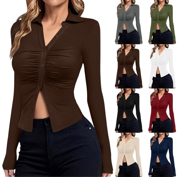 YHAJDS Womens Blouse V Neck Ruffled Button Front Long Sleeve Casual Tops