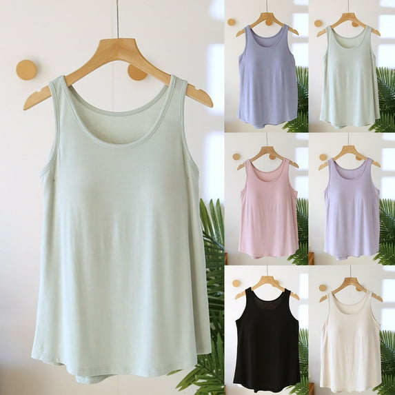 YHAJDS Womens Built in Bra Tops Solid Color Round Neck Slim Camisole Top