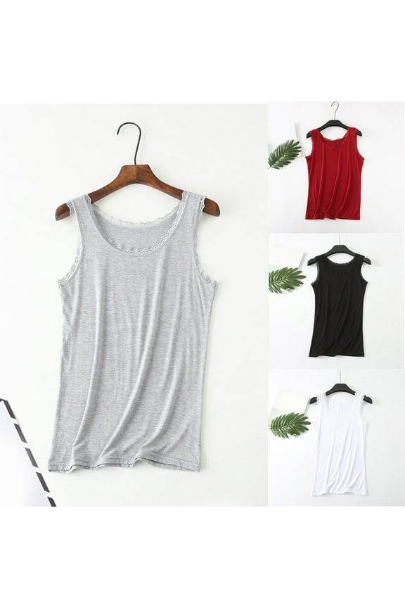 Womens Camisole Basic Undershirt Tanks Solid Color Round Neck Lace Panel Insert Sleeveless Layering