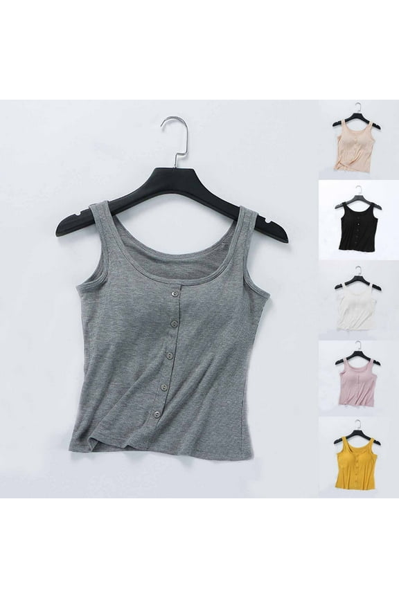 Womens Camisole Slim Cami Shirts Solid Color Round Neck Button Front Built In Bra Sleeveless Cami