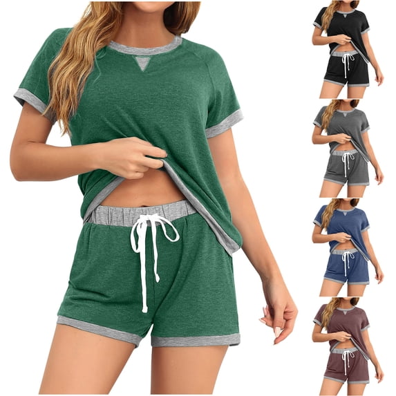 YHAJDS Womens Casual Outfit 2 Piece Set Short Sleeve Crewneck Color Top Drawstring Shorts Suit