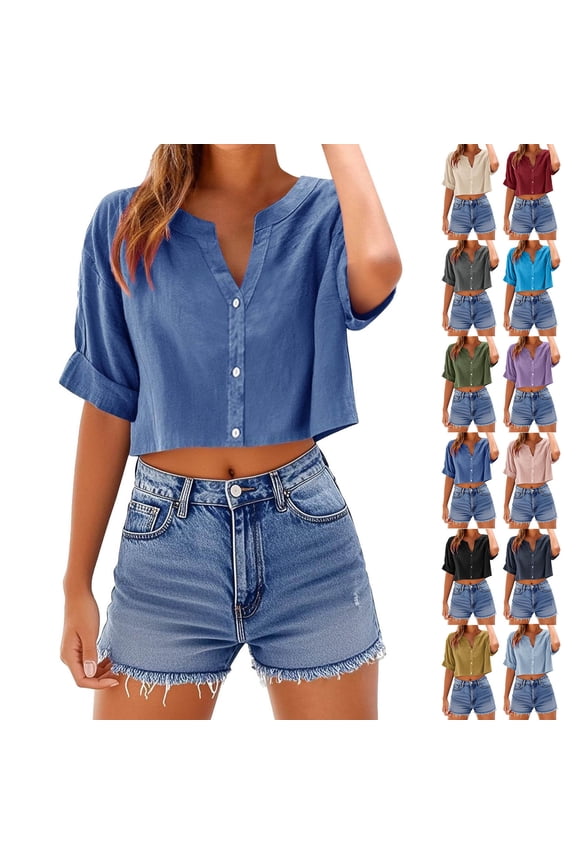 Womens Cotton Tops Short Sleeve Cropped Linen Casual Solid Color Shirt Basic Tee