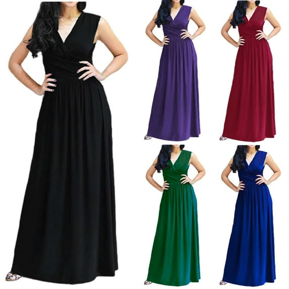 YHAJDS Womens Formal Long Dresses Summer Solid Color V Neck Sleeveless Evening Gown