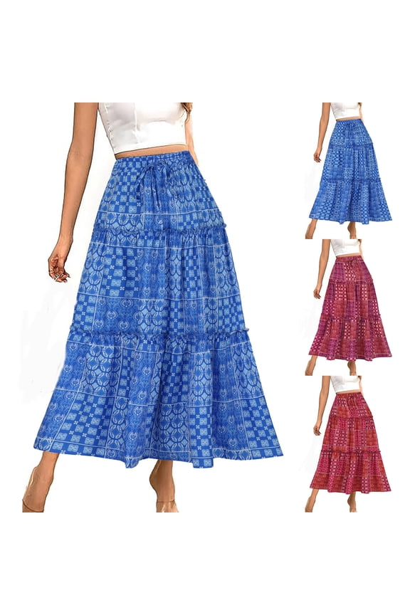 Womens High Waist Skirt Bohemian Print Elastic Waist Drawstring Flared Maxi Skirt