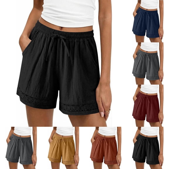YHAJDS Womens Lightweight Shorts Hollow Out Lace Edge Linen Elastic Waist Drawstring Leisure Time