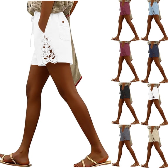 YHAJDS Womens Lightweight Shorts Linen Lace Patchwork High Waist Drawstring 7 Inches