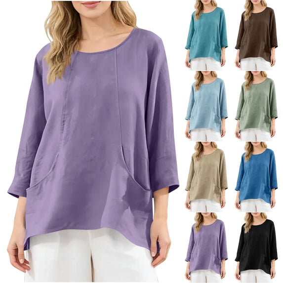 YHAJDS Womens Long Sleeve Cardigan Open Front Round Neck Linen Solid Color Casual Cover Up