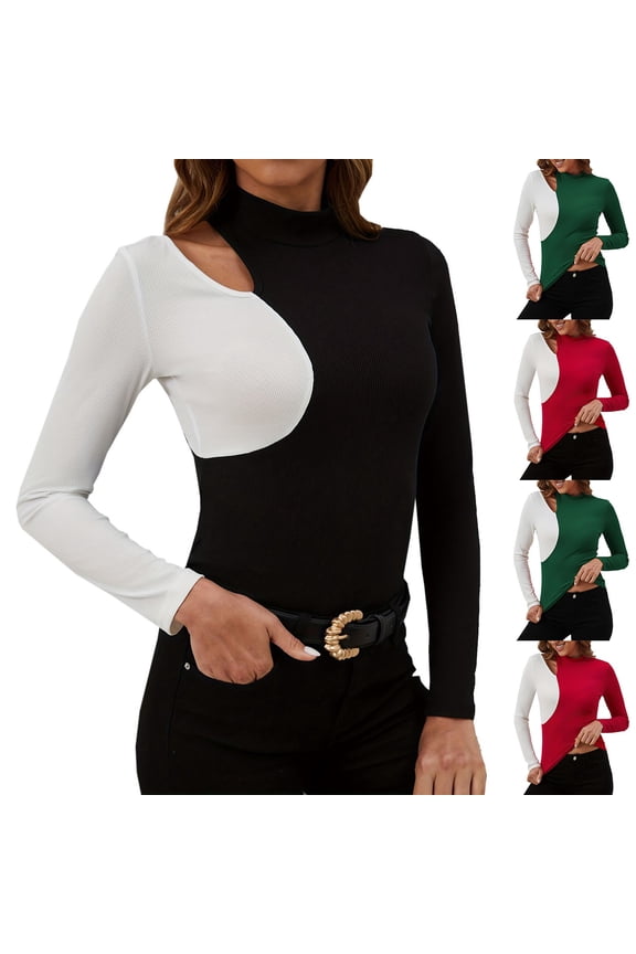 Womens Long Sleeve Tops Color Patchwork Mandarin Collar Spring Summer Layering Shirts