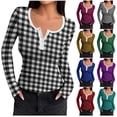 thumbnail image 1 of YHAJDS Womens Long Sleeve Tops Print Neck Ribbed Button Front Fitted Basic Tee, 1 of 5
