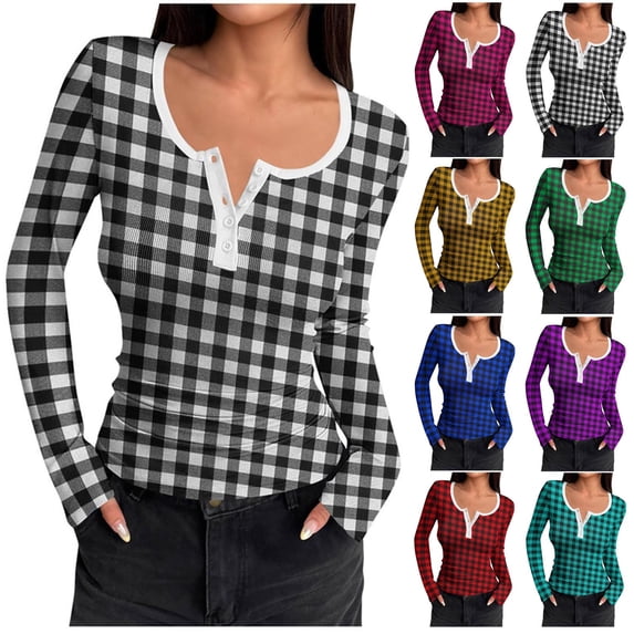 YHAJDS Womens Long Sleeve Tops Print Neck Ribbed Button Front Fitted Basic Tee