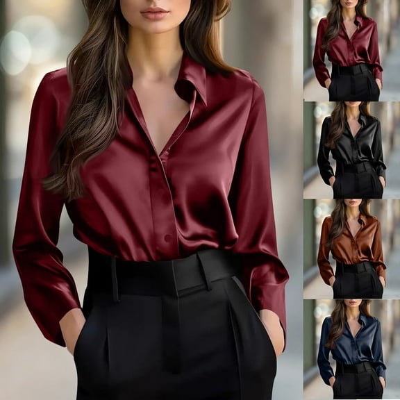 YHAJDS Womens Long Sleeve Tops Solid Color Button Front Spring Summer Casual Regular Blouse