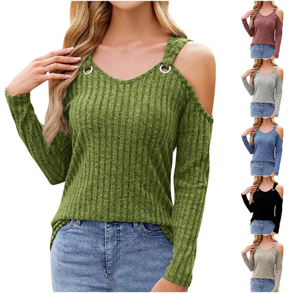 YHAJDS Womens Long Sleeve Tops Solid Color Cold Shoulder V Neck Casual Spring Summer Fashion Top