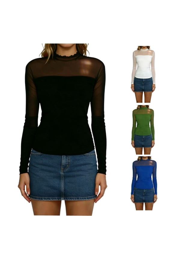 Womens Long Sleeve Tops Solid Color Crew Neck Mesh Splicing Elastic Spring Summer Casual Base Layer