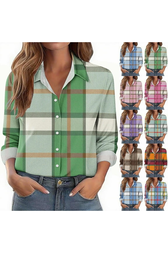 Womens Long Sleeve Tops Spring Plaid Print Breasted Crew Neck Office Blouse
