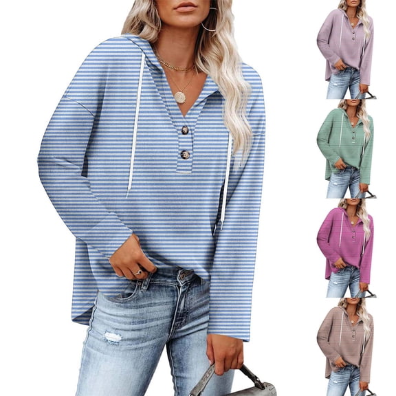 YHAJDS Womens Long Sleeve Tops Striped Hooded Button Drawstring Casual Spring Summer Top
