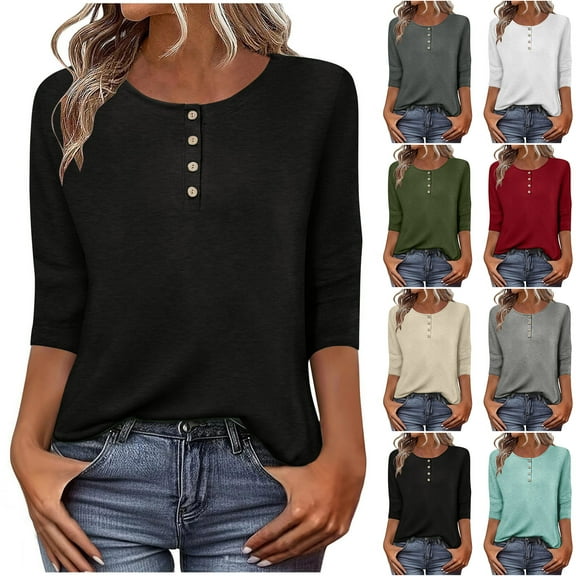 YHAJDS Womens Long Sleeve Tops Womens Casual Long Sleeve Sweatshirt Solid Color Button Front Crew Neck 3/4 Sleeve Loose Womens Blouse Shirt