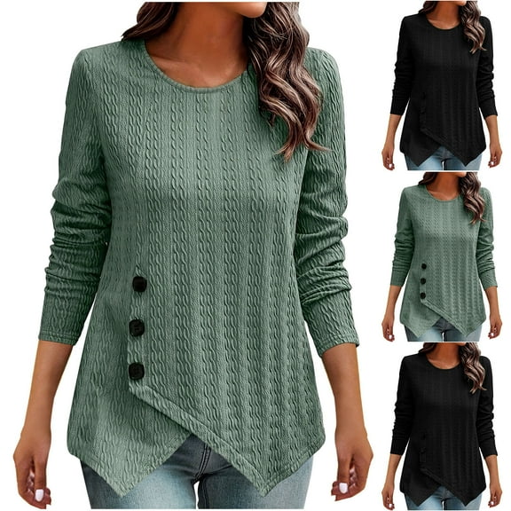 YHAJDS Womens Long Sleeve Tops Womens Casual Long Sleeve Sweatshirt Solid Color Crew Neck Detail Shirt With Irregular Button Hem Womens Blouse