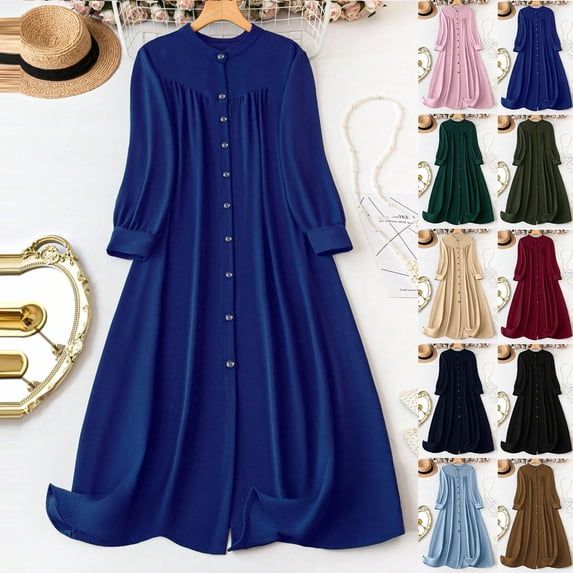 YHAJDS Womens Long Sleeve V Neck Knee High Dress Plus Size Solid Color Wrinkle