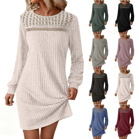 YHAJDS Womens Long Sleeve V Neck Knee High Dress Solid Color Ribbed Texture Lace Yoke Casual Dress