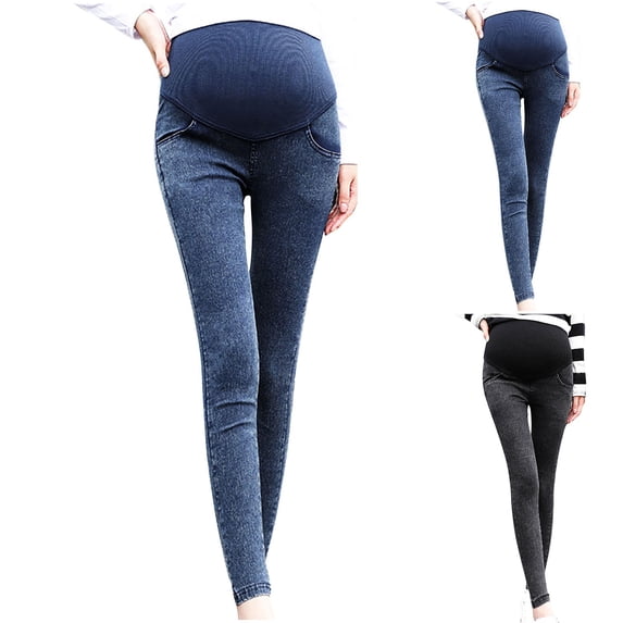 YHAJDS Womens Maternity Jeans Spring Stretch Denim Washed Over Belly Pants With Adjustable