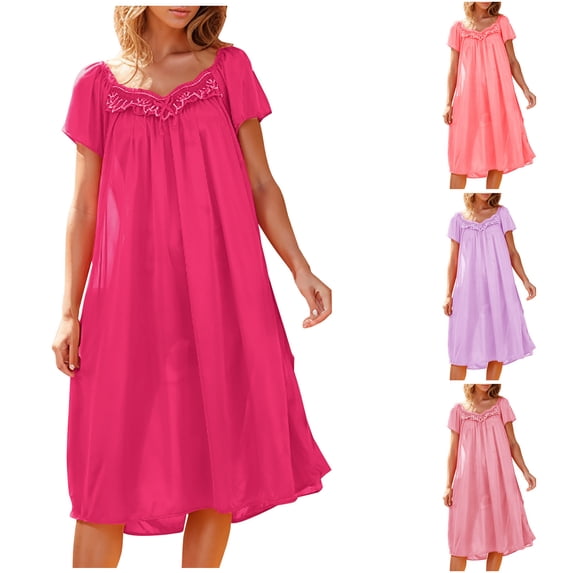 YHAJDS Womens Nightgowns Sleepwear Solid Color Summer Cool Mid Calf Sleep Dress