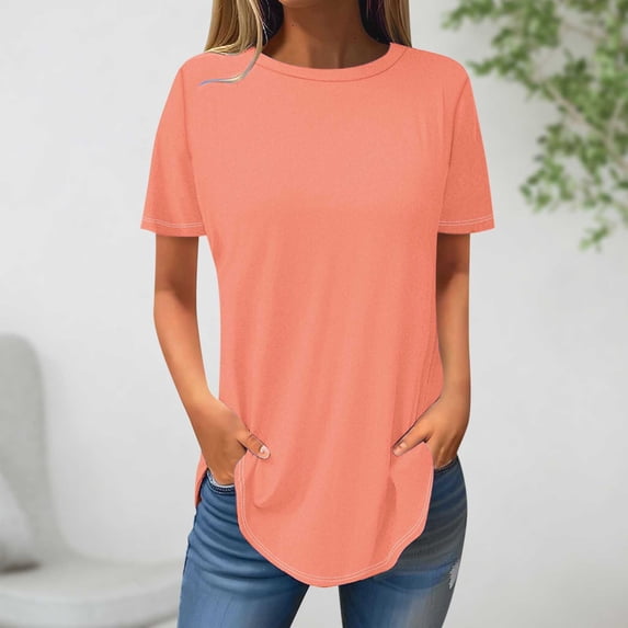YHAJDS Womens Oversized Summer T Shirts Plus Size Tops for Women Short Sleeve Round Neck Loose Solid Color Tee