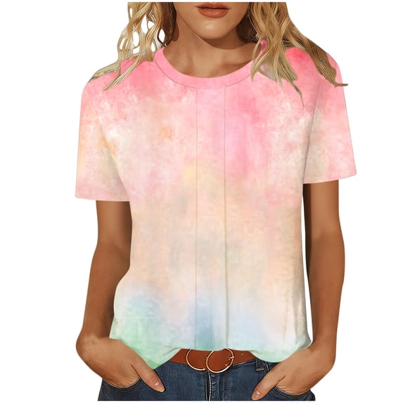YHAJDS Womens Oversized Summer T Shirts Short Sleeve Round Neck Loose Top With Print And Ribbed Detail