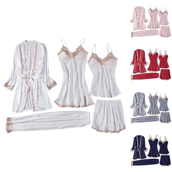 YHAJDS Womens Pajama Set 5 Piece Satin Look Lace Cami Robe Plus Size Loungewear