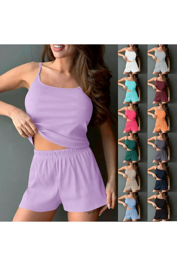 Womens Pajama Set Ribbed Lightweight Tank Top Drawstring Shorts Sleepwear Set