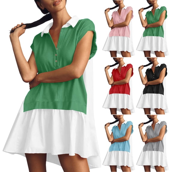 YHAJDS Womens Plus Size Dress Short Sleeve Turndown Collar Knee-High Solid Color Shirt And Sweatshirt Style
