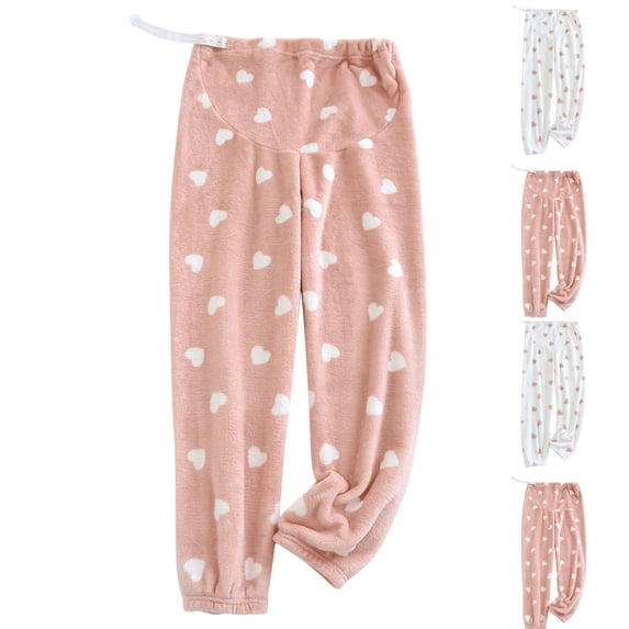 YHAJDS Womens Plus Size Maternity Pants Over The Belly High Waist Fleece Heart Print Flannel Pants
