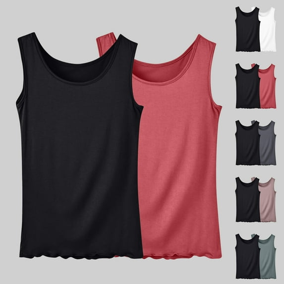 YHAJDS Womens Plus Size Tank Tops 2 Piece Set Solid Color Round Neck Sleeveless Pack For Casual Spring Fashion