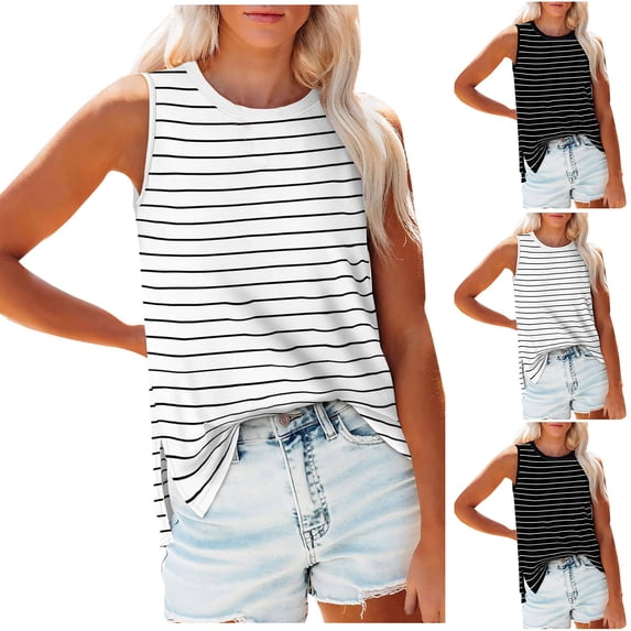 YHAJDS Womens Plus Size Tank Tops Solid Color Side Slit Sleeveless Round Neck Loose Top For Casual Spring Wear