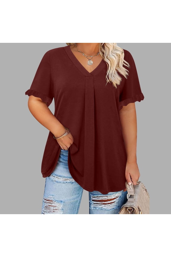 Womens Plus Size Tops Casual Solid Color Short Sleeve Flounce Sleeve Flutter Sleeve V Neck Blouses